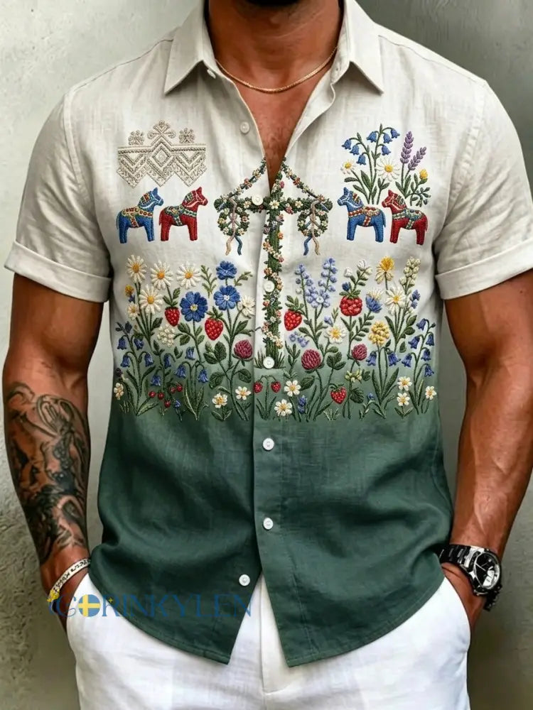 Herrskjortor i retrostil med svensk midsommar- och folkdräktsmotiv i bomull-linne kortärmade - grönt / S