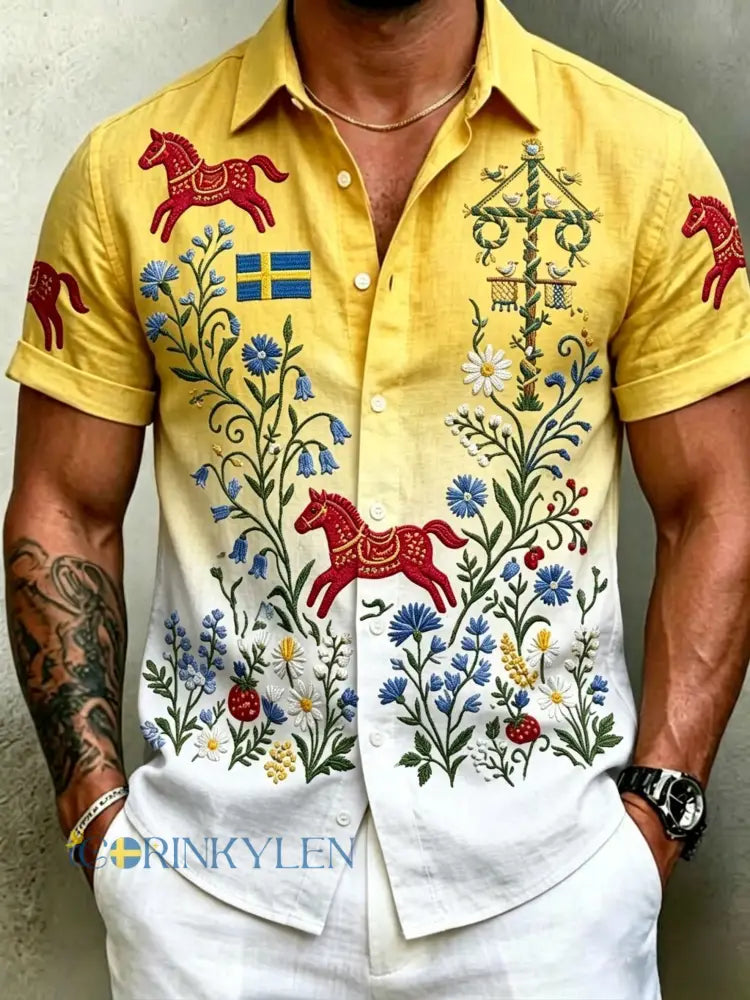 Herrskjortor i retrostil med svensk midsommar- och folkdräktsmotiv i bomull-linne kortärmade - gul / S