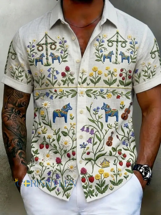 Herrskjortor i retrostil med svensk midsommar- och folkdräktsmotiv i bomull-linne kortärmade - vitt / S