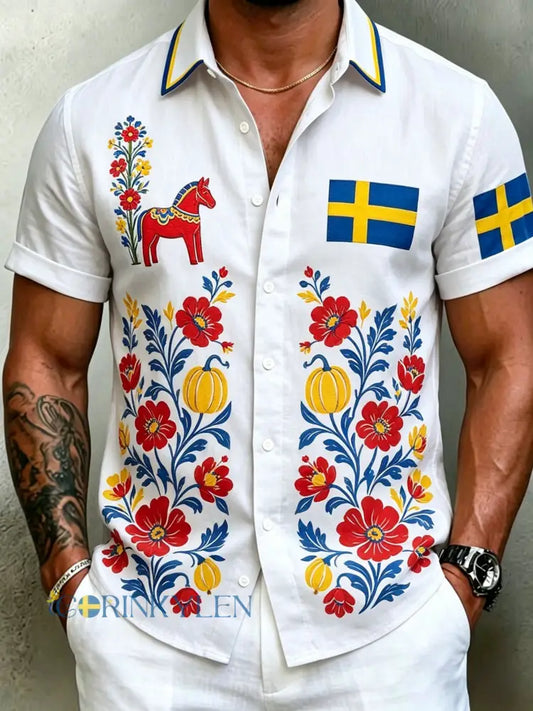 Herrskjortor i retrostil med svensk midsommar- och folkdräktsmotiv i bomull-linne kortärmade - vitt / S
