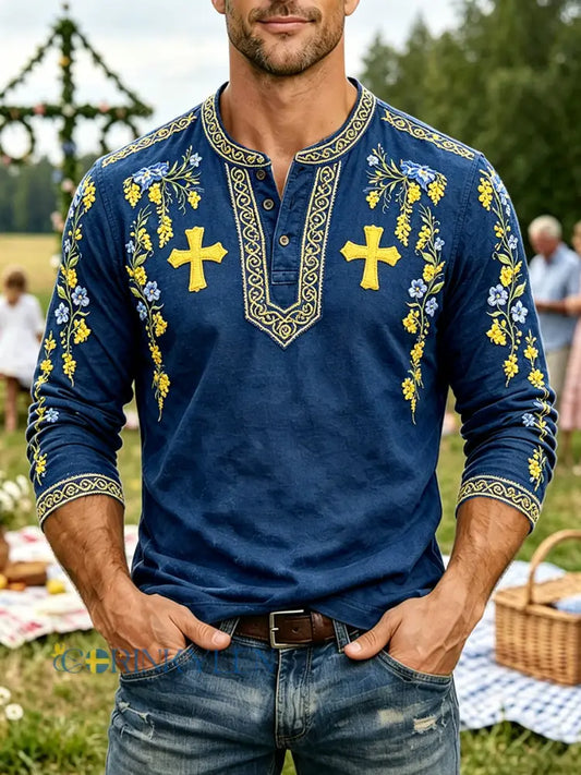 Herrsvensk midsommarblommig tryckt avslappnad henleyhalsad långärmad t-shirt - djupblåa / S