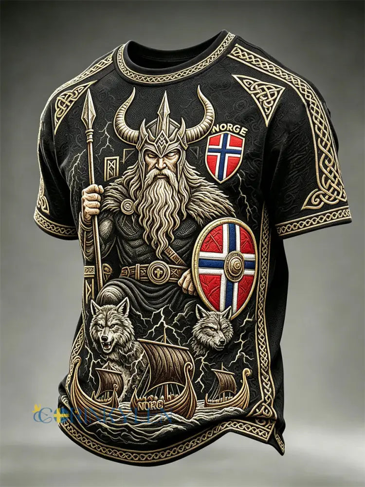 Herrtröja från Norge med tryck av Odins vargar och vikingaskepp keltiskt knutmotiv samt flagga – kortärmad t-shirt