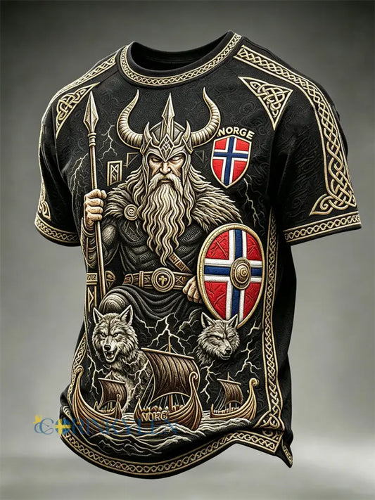Herrtröja från Norge med tryck av Odins vargar och vikingaskepp keltiskt knutmotiv samt flagga – kortärmad t-shirt