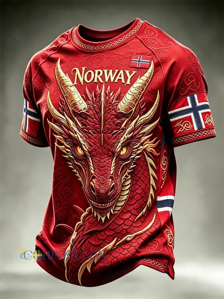 Herrtröja från Norge med tryck av vikingar drake och keltiskt knutmotiv korta ärmarna - röd / S