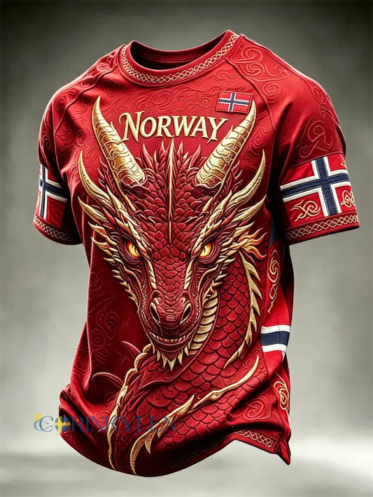 Herrtröja från Norge med tryck av vikingar drake och keltiskt knutmotiv korta ärmarna - röd / S