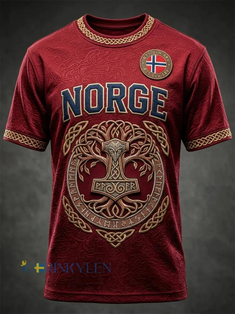 Herrtröja från Norge med viking- och keltisk mönster korta ärmarna - röd / S