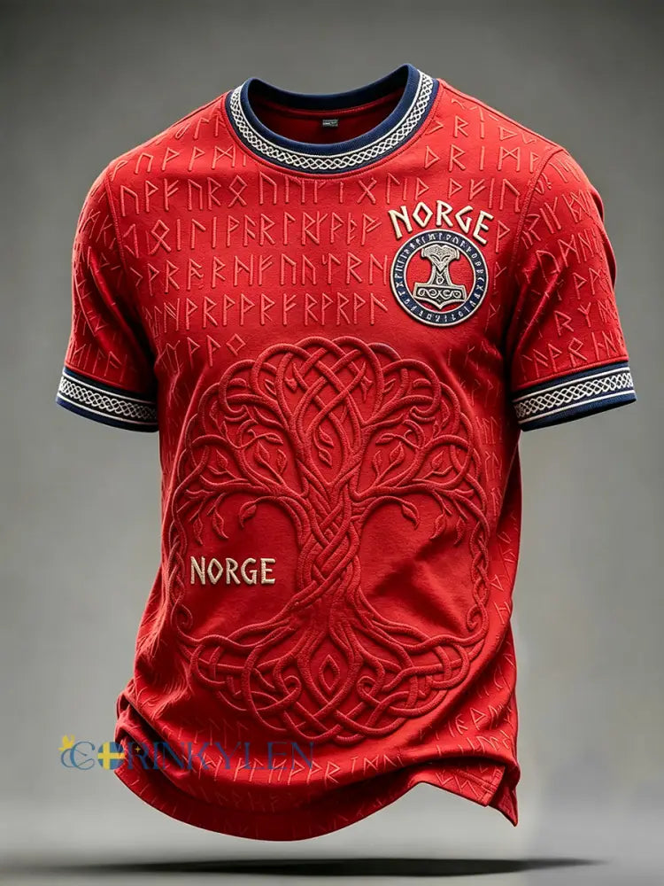 Herrtröja från Norge med vikingamotiv livets träd och keltiskt mönster korta ärmarna - röd / S