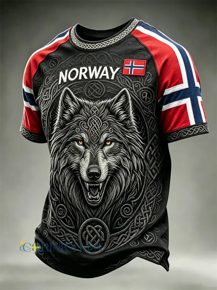 Herrtröja från Norge med vikingar varg Fenrir och keltiskt knutmotiv – kortärmad t-shirt med tryck - svart / S