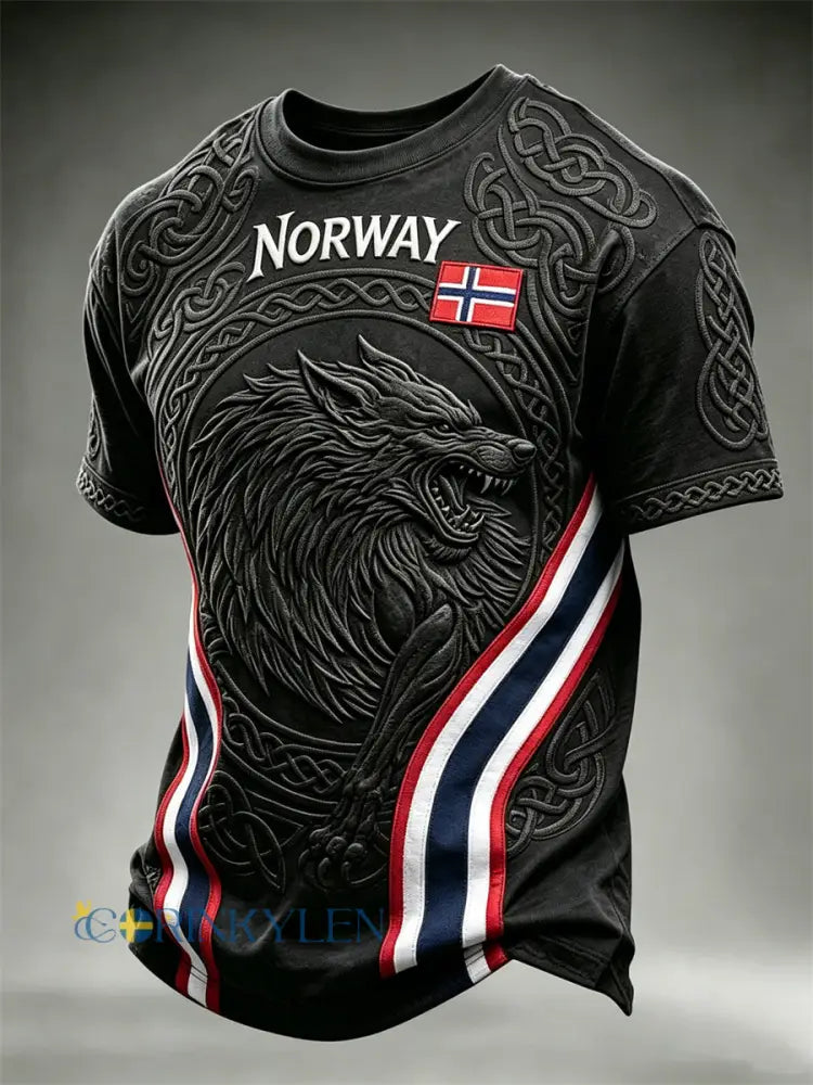 Herrtröja från Norge med vikingar varg Fenrir och keltiskt knutmotiv – kortärmad t-shirt med tryck - svart / S