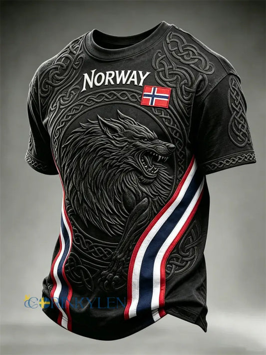 Herrtröja från Norge med vikingar varg Fenrir och keltiskt knutmotiv – kortärmad t-shirt med tryck - svart / S