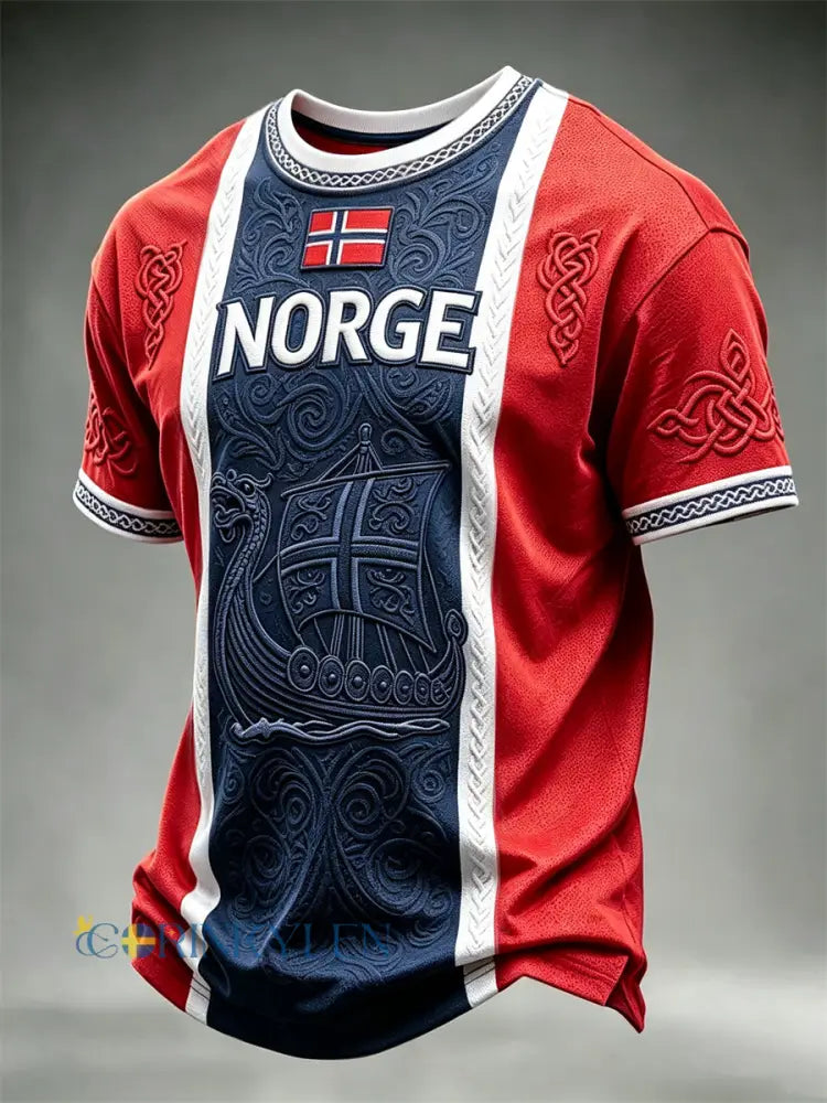 Herrtröja i färgerblock med nordiskt vikingaskepp och keltisk knut – kortärmad t-shirt - röd / S