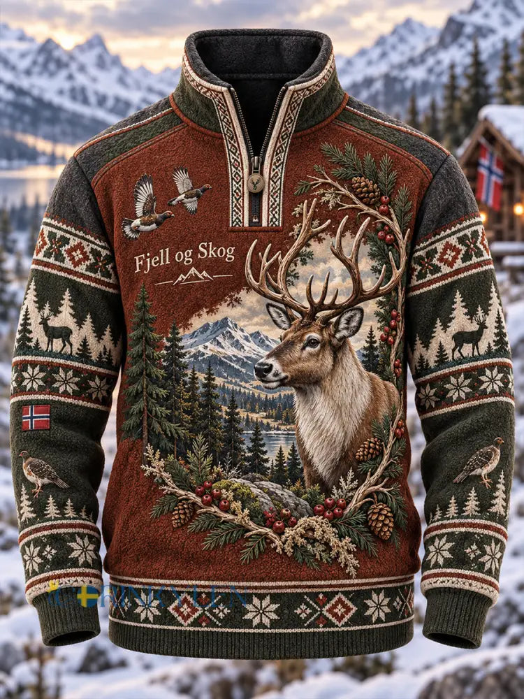 Herrtröja i flanell med halvdragkedja och långa ärmar – norskt jakttidsmotiv - A / S