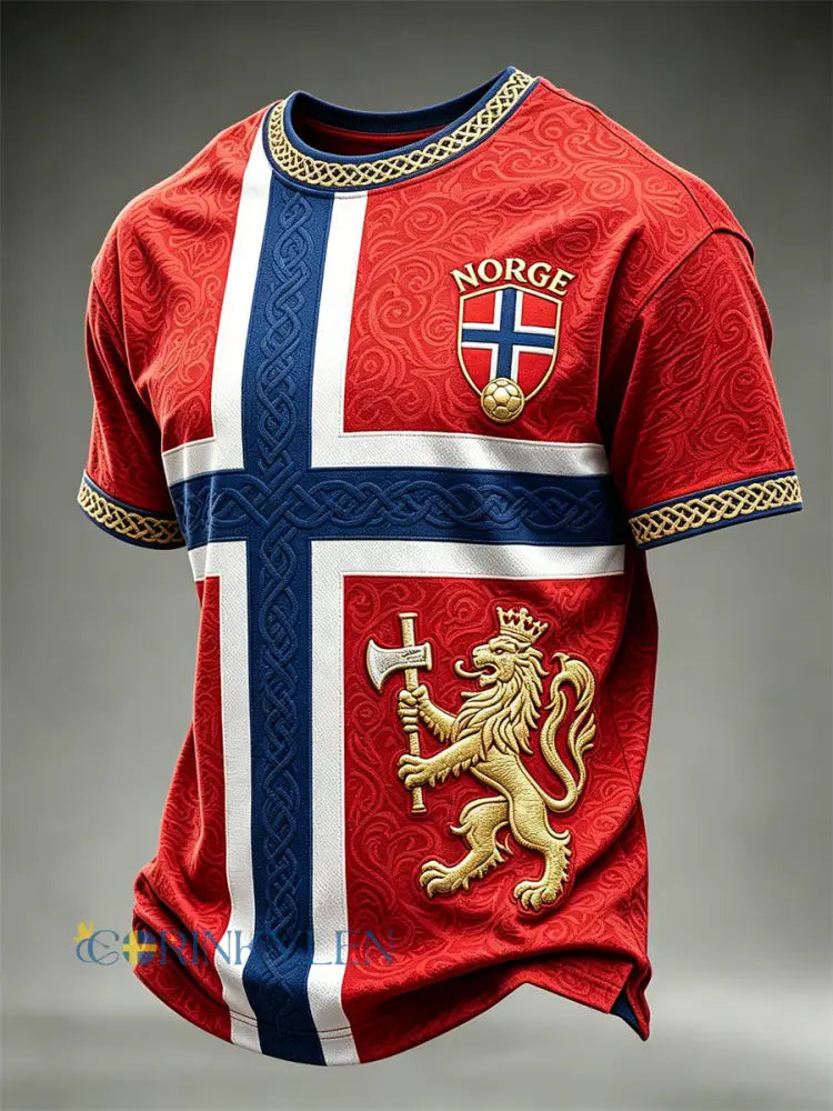 Herrtröja i fotbollsstil från Norge med lejon vikingar och keltiskt knutmönster – kortärmad t-shirt med tryck - röd / S