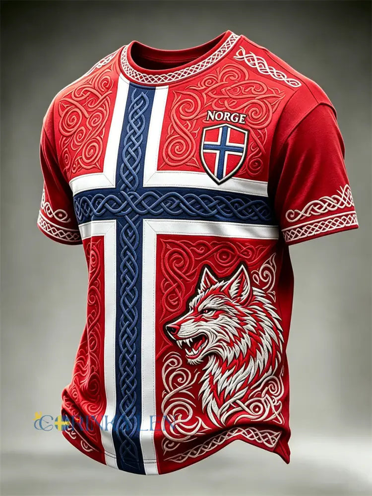 Herrtröja i fotbollsstil från Norge med tryck av vikingar varg keltiskt knutmotiv och flagga kortärmad t-shirt - röd / S
