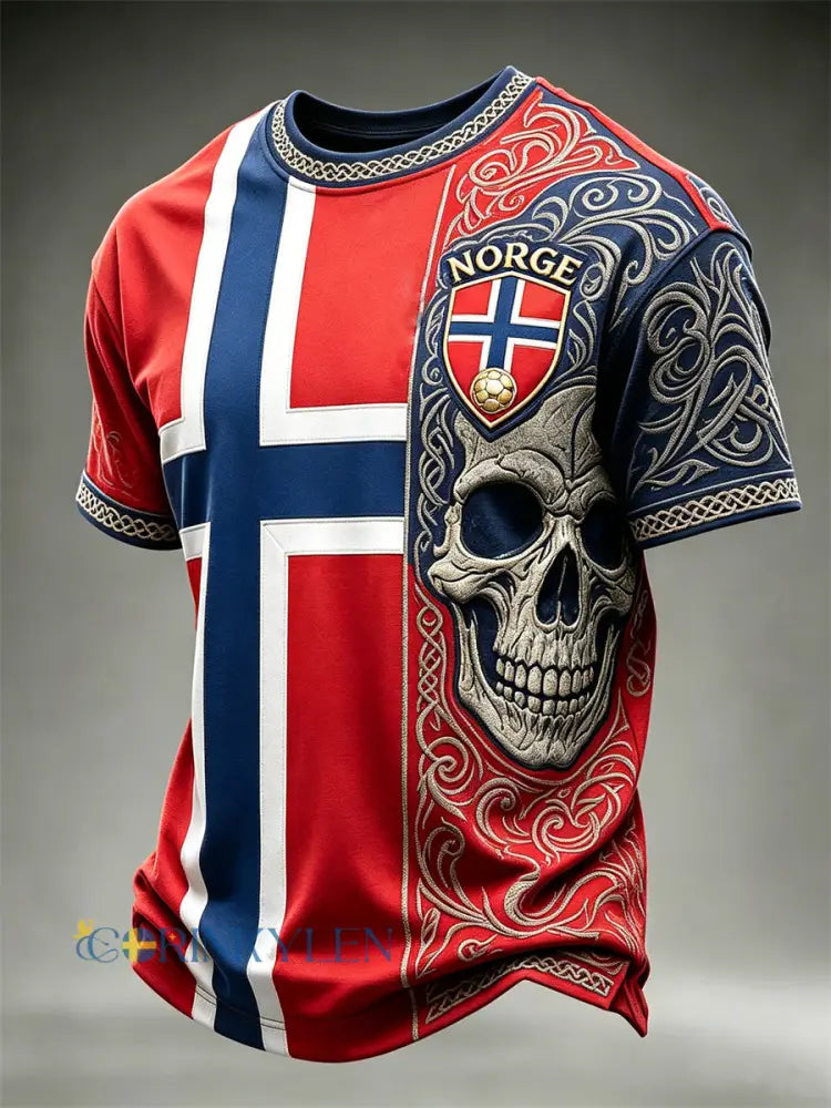 Herrtröja i fotbollsstil från Norge med tryck av vikingaskalle keltiskt knutmotiv och flagga i färgblock korta ärmar