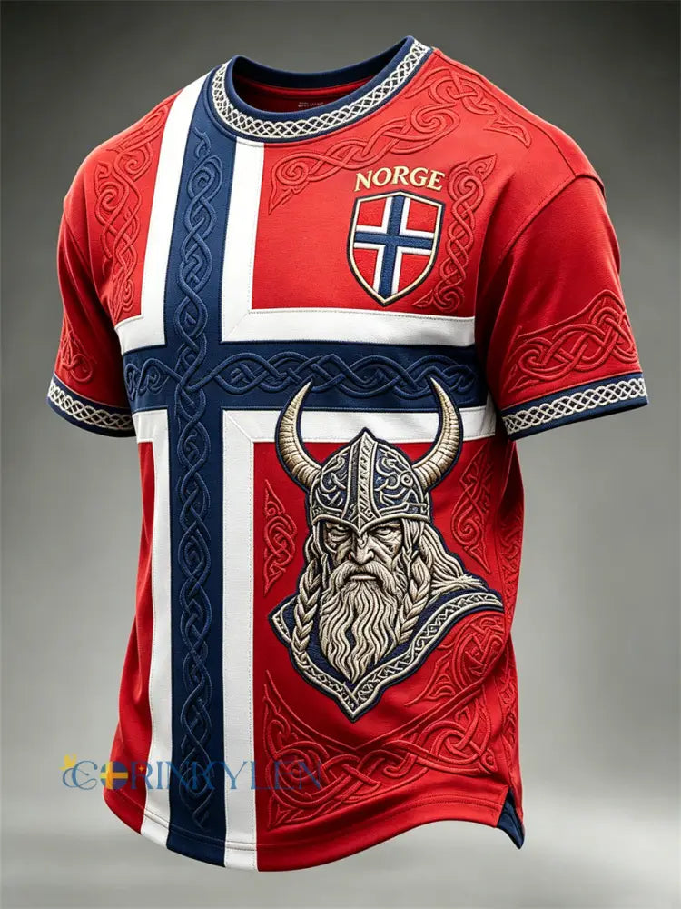 Herrtröja i fotbollsstil från Norge med tryck av vikingkrigare keltisk knut och flagga – kortärmad t-shirt - röd / S