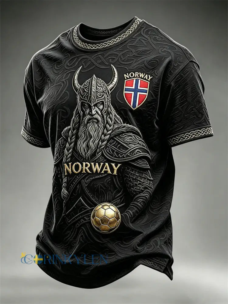 Herrtröja i fotbollsstil från Norge med tryck av vikingkrigare och keltisk knut kortärmad - svart / S