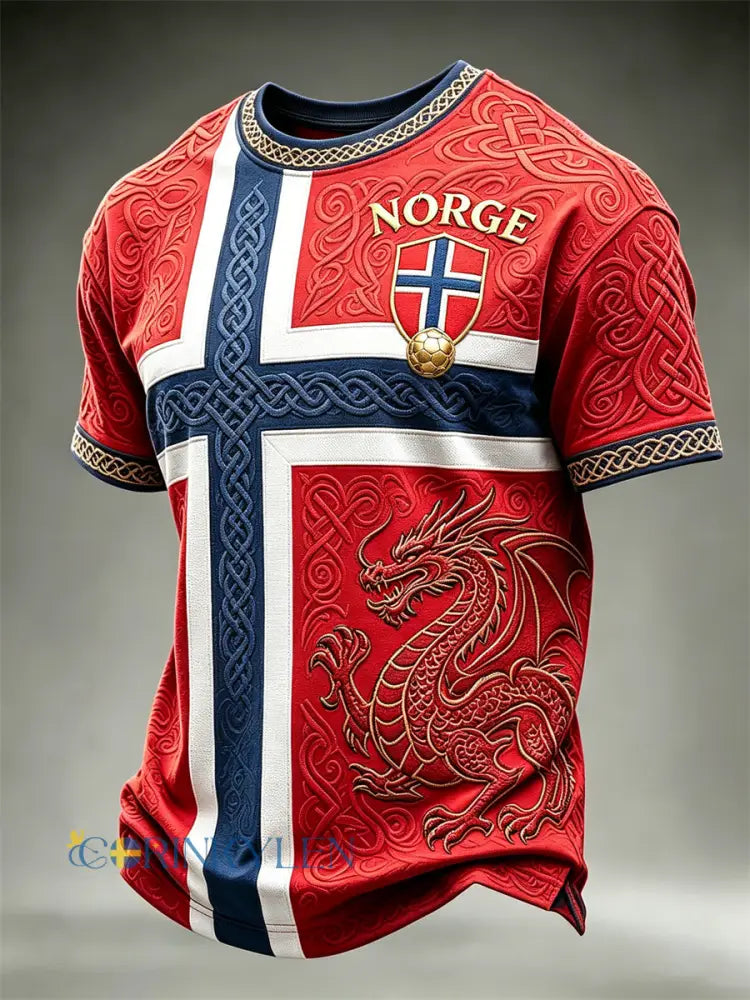 Herrtröja i fotbollsstil från Norge med vikingadrake keltisk knut och flaggtryck i färgblock korta ärmarna - röd / S
