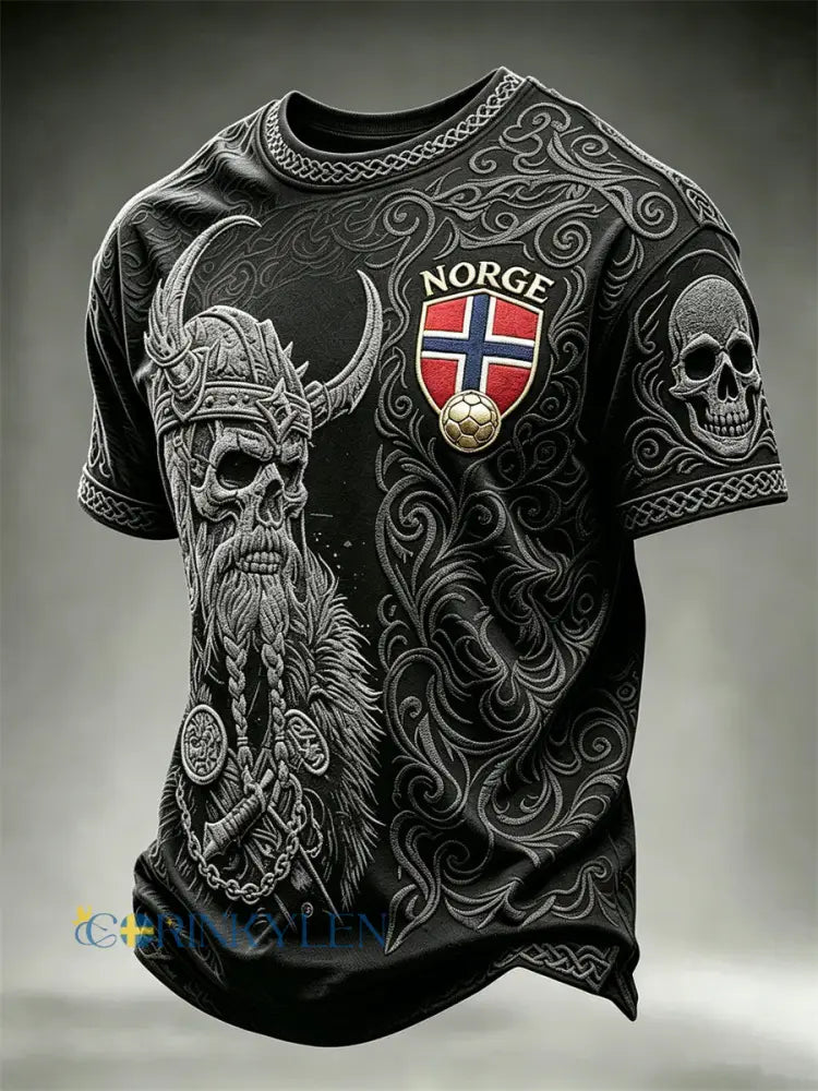 Herrtröja i fotbollsstil från Norge med vikingakrigare dödskalle och keltiskt knutmönster – kortärmad t-shirt - svart