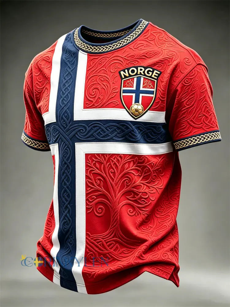 Herrtröja i fotbollsstil från Norge med vikingamotiv livets träd och keltisk flagga färgblockdesign och korta ärmar