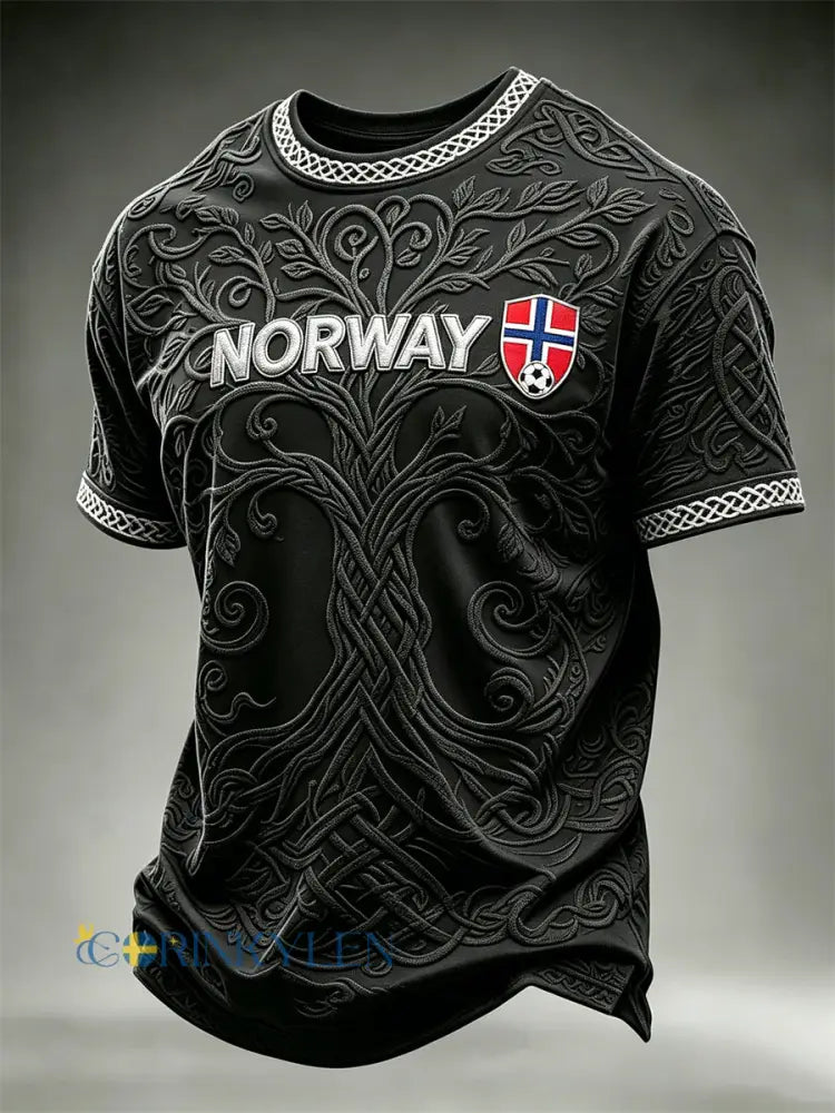 Herrtröja i fotbollsstil från Norge med vikingamotiv Livets träd och keltisk knut – kortärmad t-shirt - svart / S