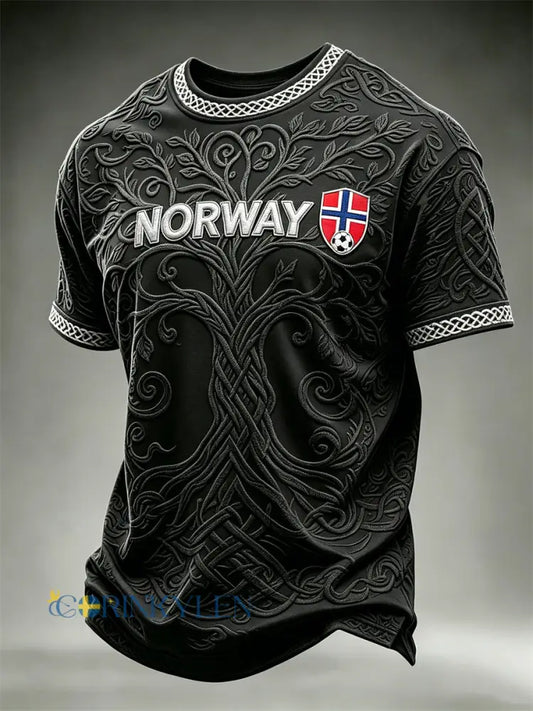 Herrtröja i fotbollsstil från Norge med vikingamotiv Livets träd och keltisk knut – kortärmad t-shirt - svart / S