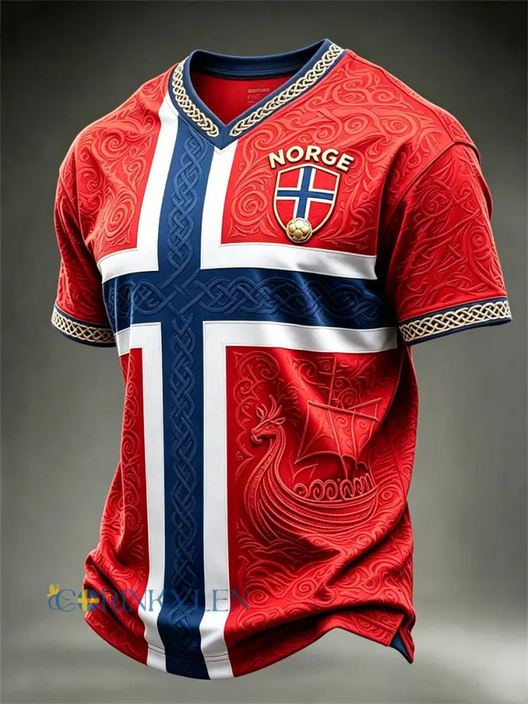 Herrtröja i fotbollsstil från Norge med vikingaskepp keltiskt knutmönster och flaggmönster i färgblock; kortärmad
