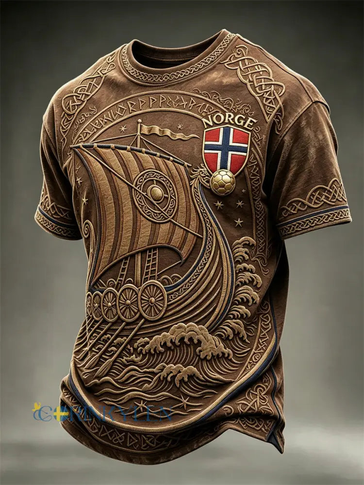 Herrtröja i fotbollsstil från Norge med Vikingaskib och keltiskt knutmotiv kortärmad t-shirt - brun / S