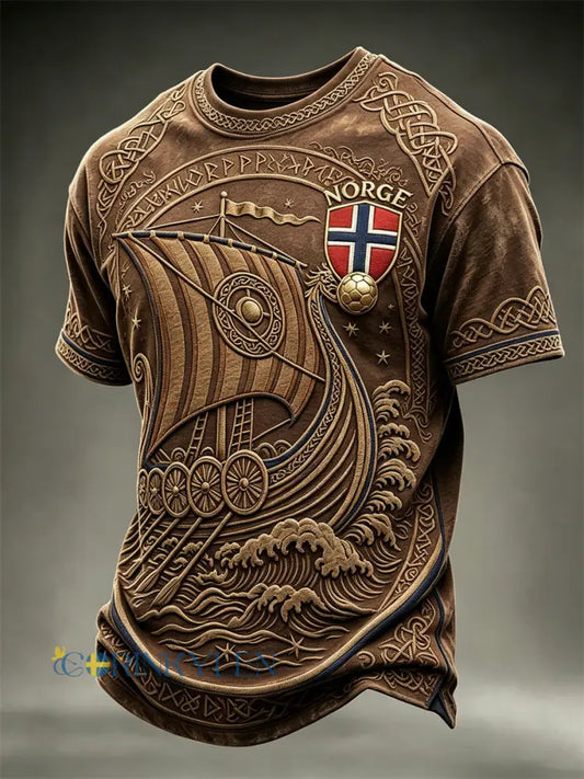 Herrtröja i fotbollsstil från Norge med Vikingaskib och keltiskt knutmotiv kortärmad t-shirt - brun / S