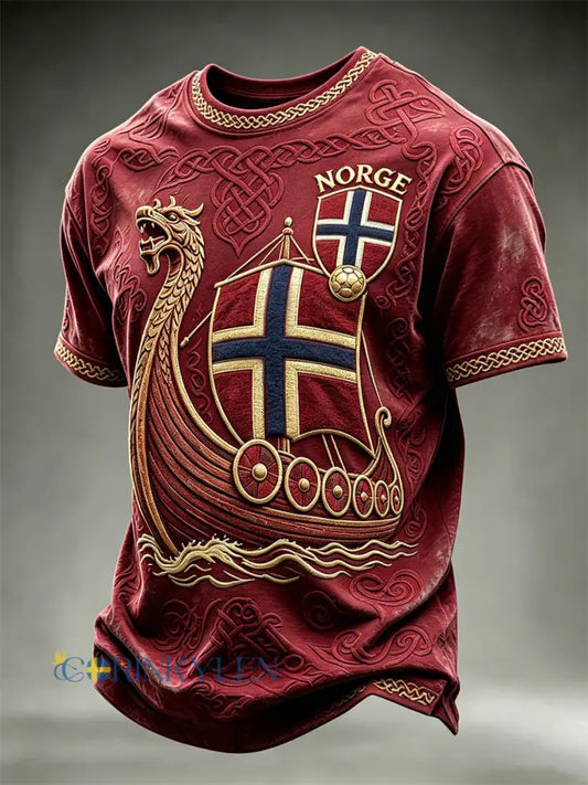 Herrtröja i fotbollsstil från Norge med Vikingaskib och keltiskt knutmotiv kortärmad t-shirt - röd / S