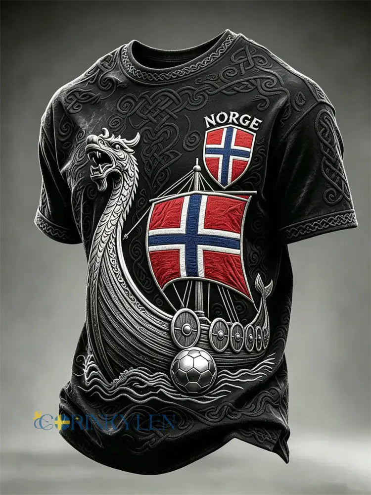 Herrtröja i fotbollsstil från Norge med Vikingaskib och keltiskt knutmotiv kortärmad t-shirt - svart / S