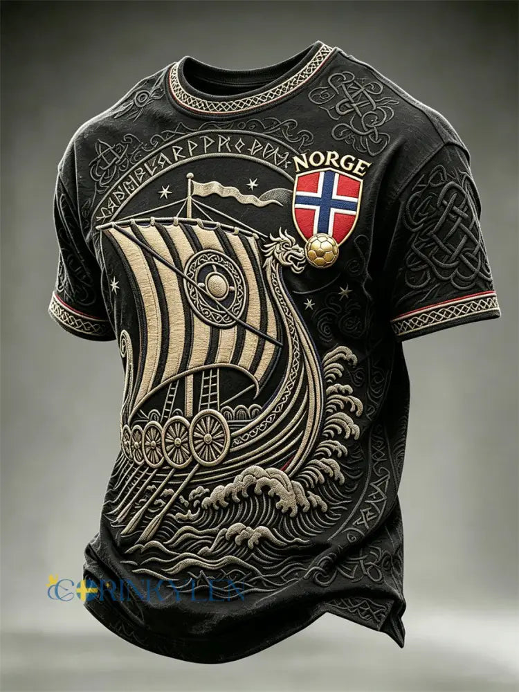Herrtröja i fotbollsstil från Norge med Vikingaskib och keltiskt knutmotiv kortärmad t-shirt - svart / S