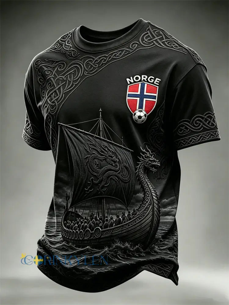 Herrtröja i fotbollsstil från Norge med Vikingaskib och keltiskt knutmotiv kortärmad t-shirt - svart / S