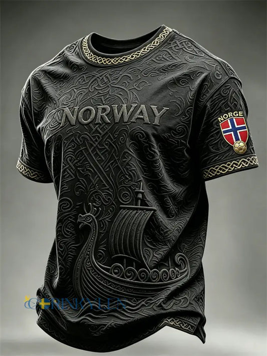 Herrtröja i fotbollsstil från Norge med Vikingaskib och keltiskt knutmotiv kortärmad t-shirt - svart / S