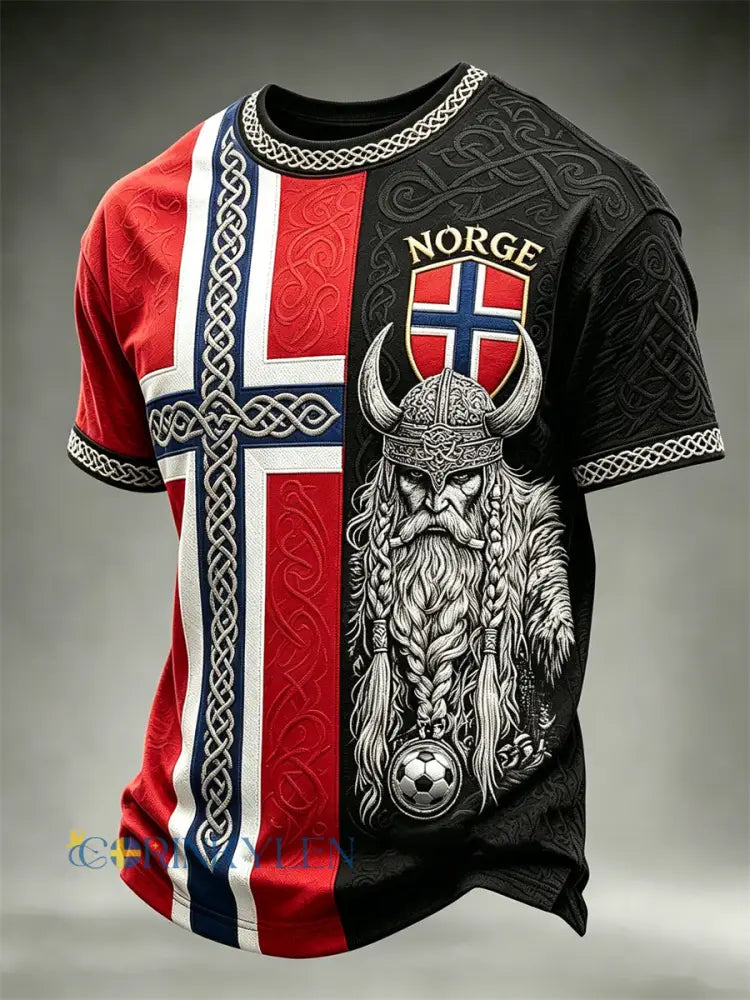 Herrtröja i fotbollsstil från Norge med vikingkrigare keltiskt knutmotiv och flaggtryck i färgblock kortärmad - svart