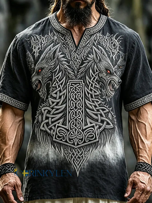 Herrtröja i linne med äldre viking- och keltisk vargmotiv - svart / S