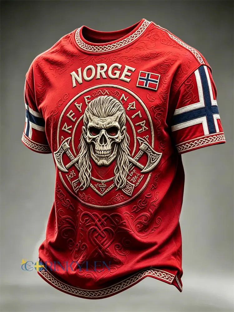 Herrtröja i Norge med vikingahuvudskalle keltisk knut och flaggmönster kortärmad - röd / S