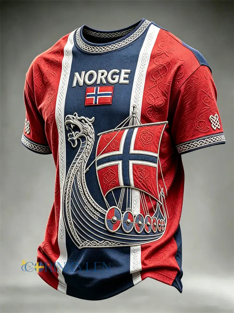 Herrtröja i Norge med vikingaskepp keltisk knut och flaggmönster kortärmad - röd / S