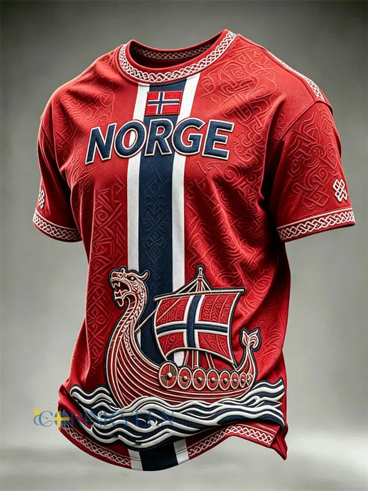 Herrtröja i Norge med vikingaskepp keltisk knut och flaggmönster kortärmad - röd / S