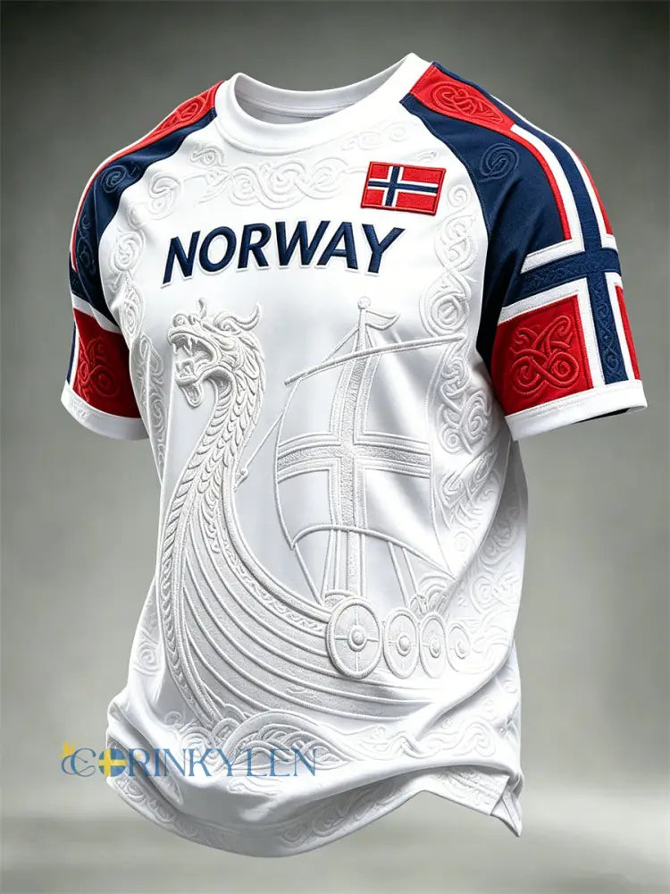 Herrtröja i Norge med vikingaskepp keltisk knut och flaggmönster kortärmad - vitt / S