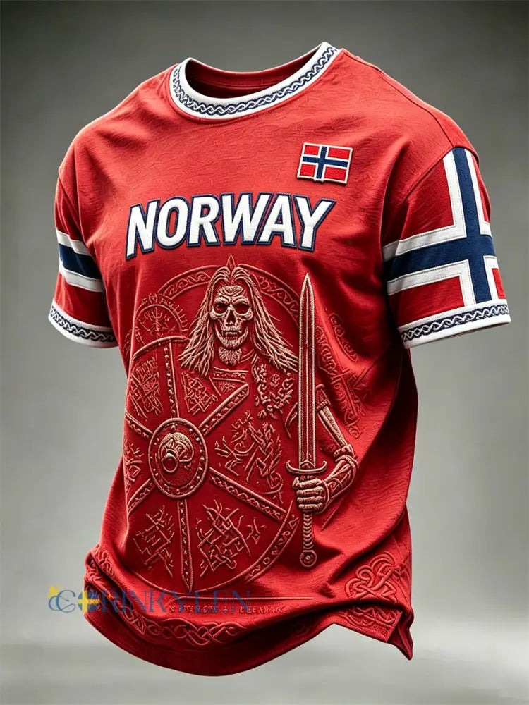 Herrtröja i Norge med vikingkrigare keltisk knut och flaggmönster kortärmad - röd / S