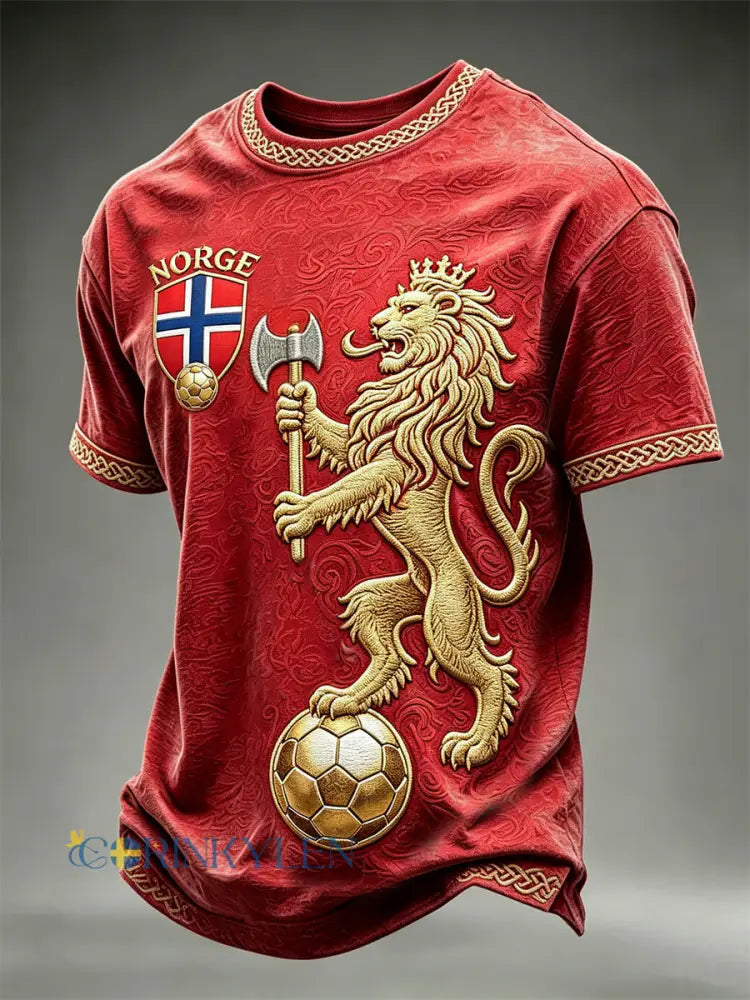 Herrtröja i Norge-tema med fotboll lejon vikingar och keltiskt knutmönster kortärmad - röd / S