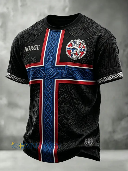 Herrtröja i norskt fotbollstema med vikingainspirerat mönster och korta ärmar - svart / S