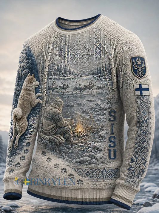 Herrtröja i retro nordisk hundmotiv casual och bekväm med våffelstickad struktur - A / S