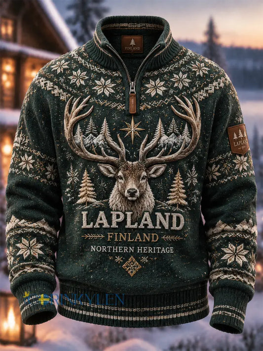Herrtröja i retrostil med finskt julmotiv långärmad och med halv dragkedja - grönt / S