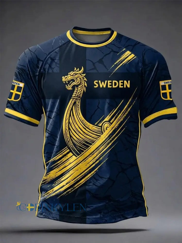 Herrtröja i retrostil med svensk fotbollsmotiv och korta ärmar - blå / S