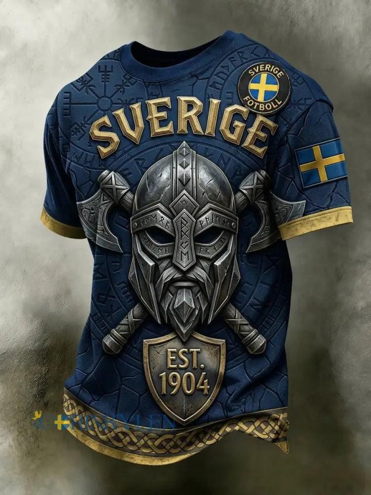 Herrtröja i retrostil med svensk fotbollsmotiv och korta ärmar - blå / S