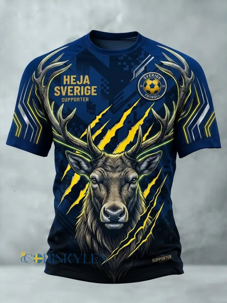 Herrtröja i retrostil med svensk fotbollsmotiv och korta ärmar - blå / S