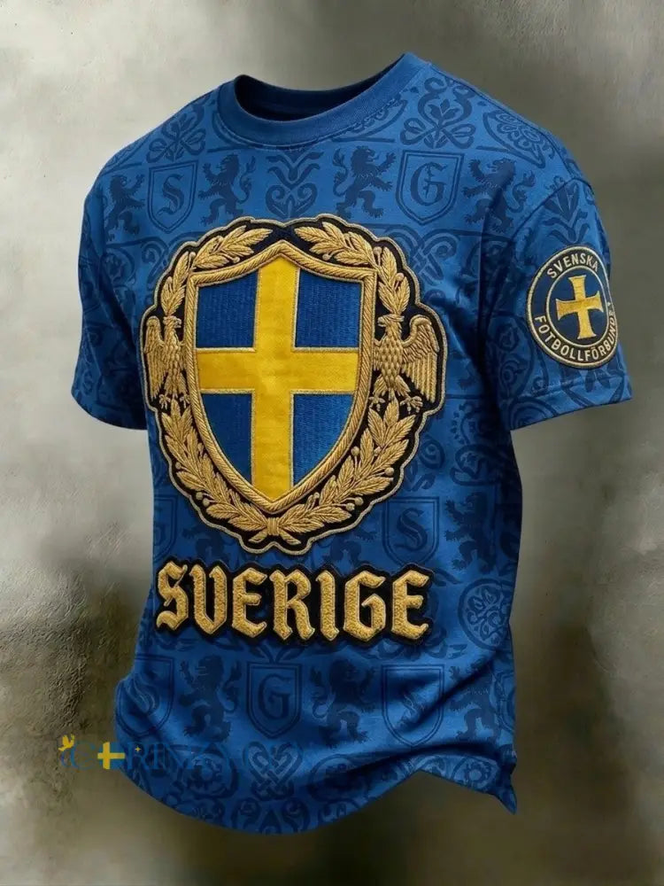 Herrtröja i retrostil med svensk fotbollsmotiv och korta ärmar - blå / S