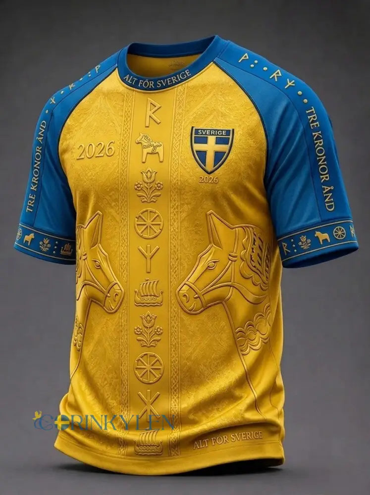 Herrtröja i retrostil med svensk fotbollsmotiv och korta ärmar - gul / S